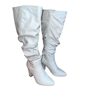 White Slouchy Knee High Block Heel Boots Pointed Toe Compassion 6.5M wimsigoth